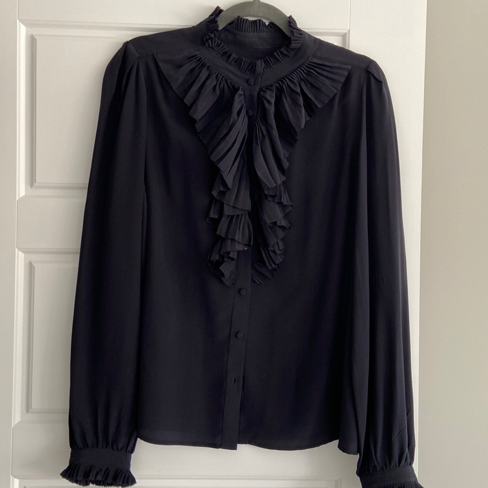 Ruffle collar and front ruffled cuff  button down blouse